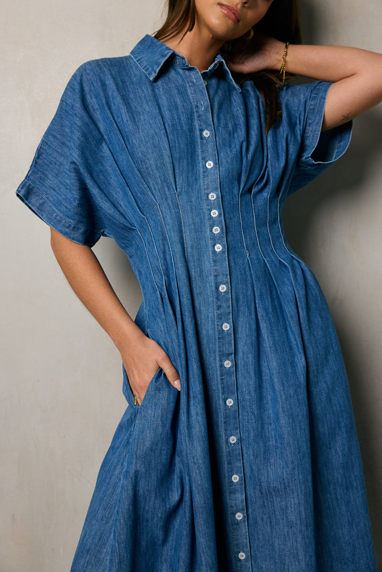 PLEATED MIDI DRESS IN DENIM