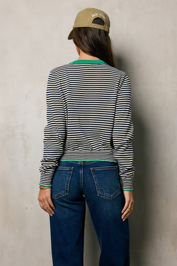 striped top with green collar