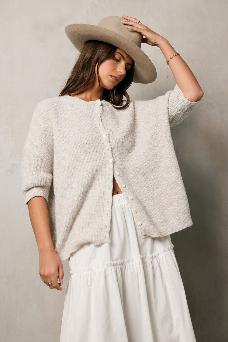 short sleeve cardigan in oatmeal