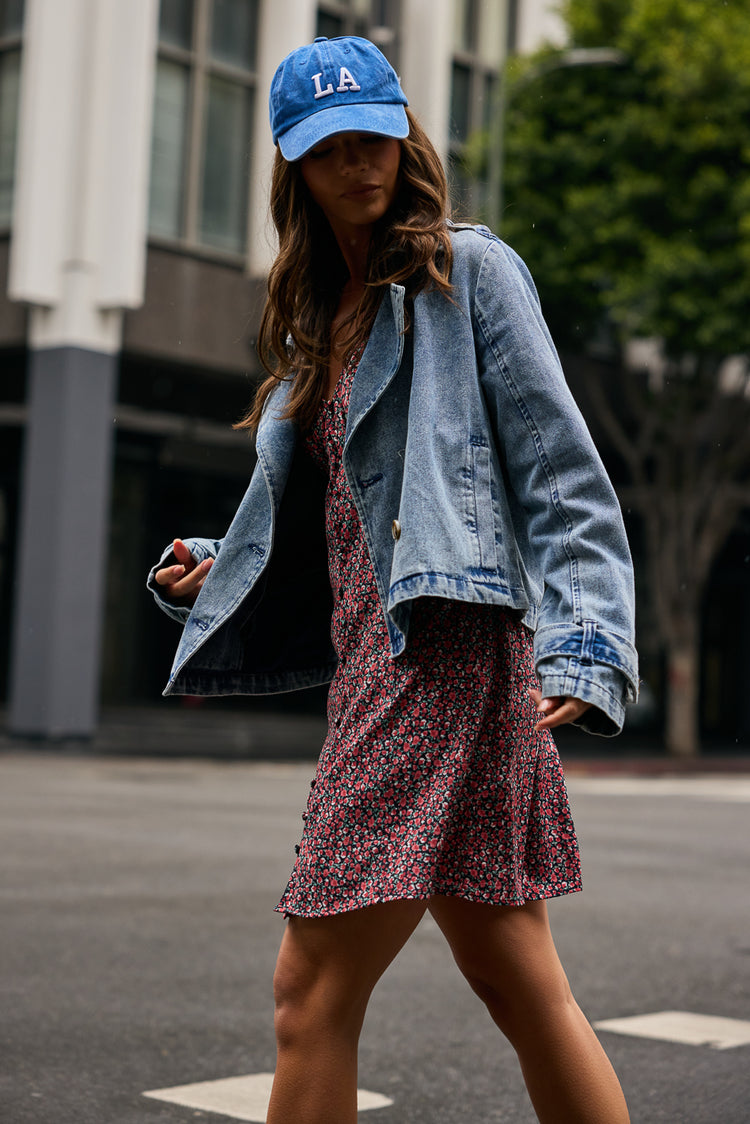 floral mini dress with denim blazer