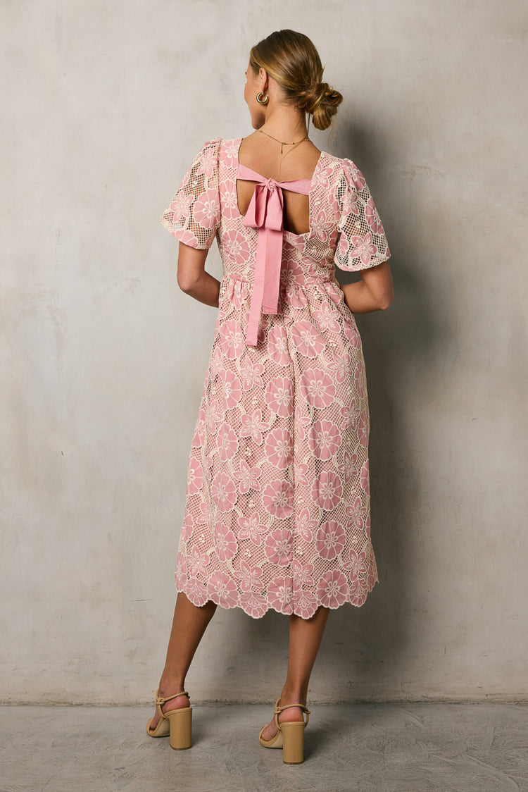 midi embroidered dress in pink with boy