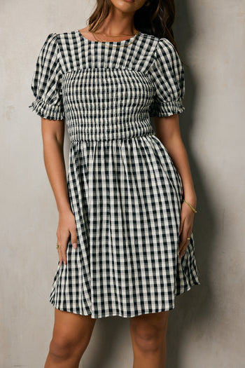 BLACK AND WHITE PLAID SMOCKED DRESS