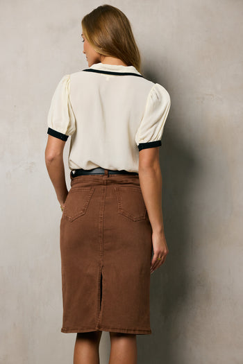 BROWN DENIM SKIRT WITH BACK SLIT 