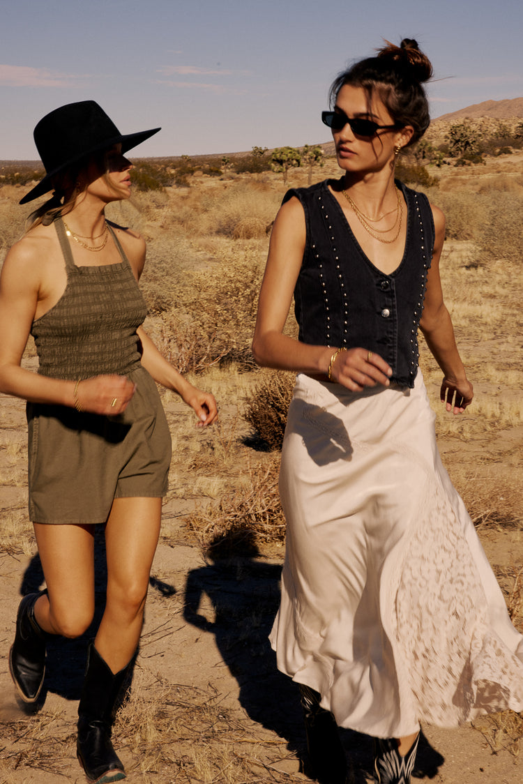 ivory lace maxi skirt and olive romper