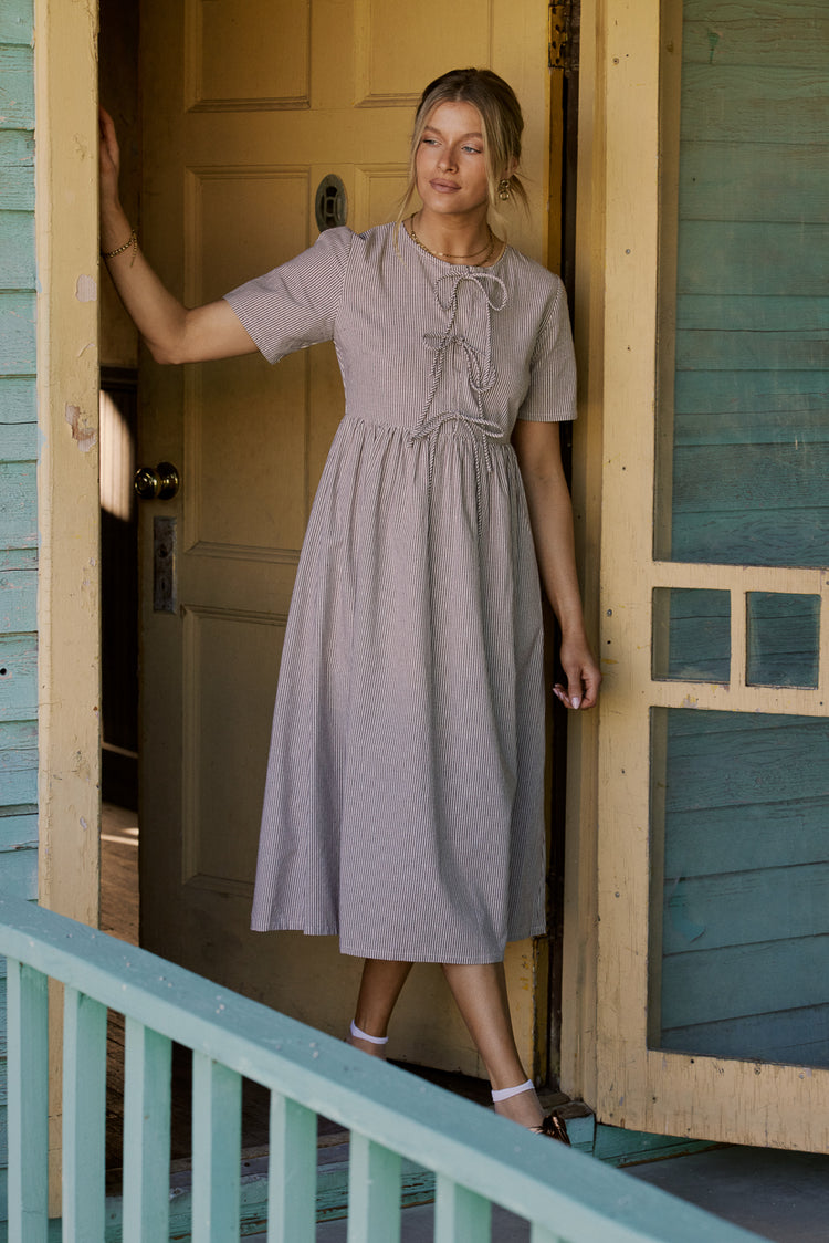 brown striped midi dress with short sleeves