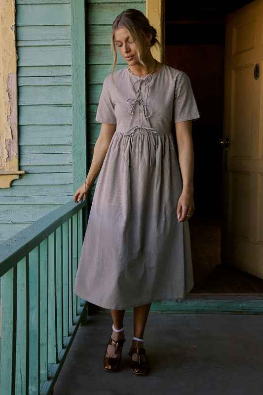 brown striped dress with front ties