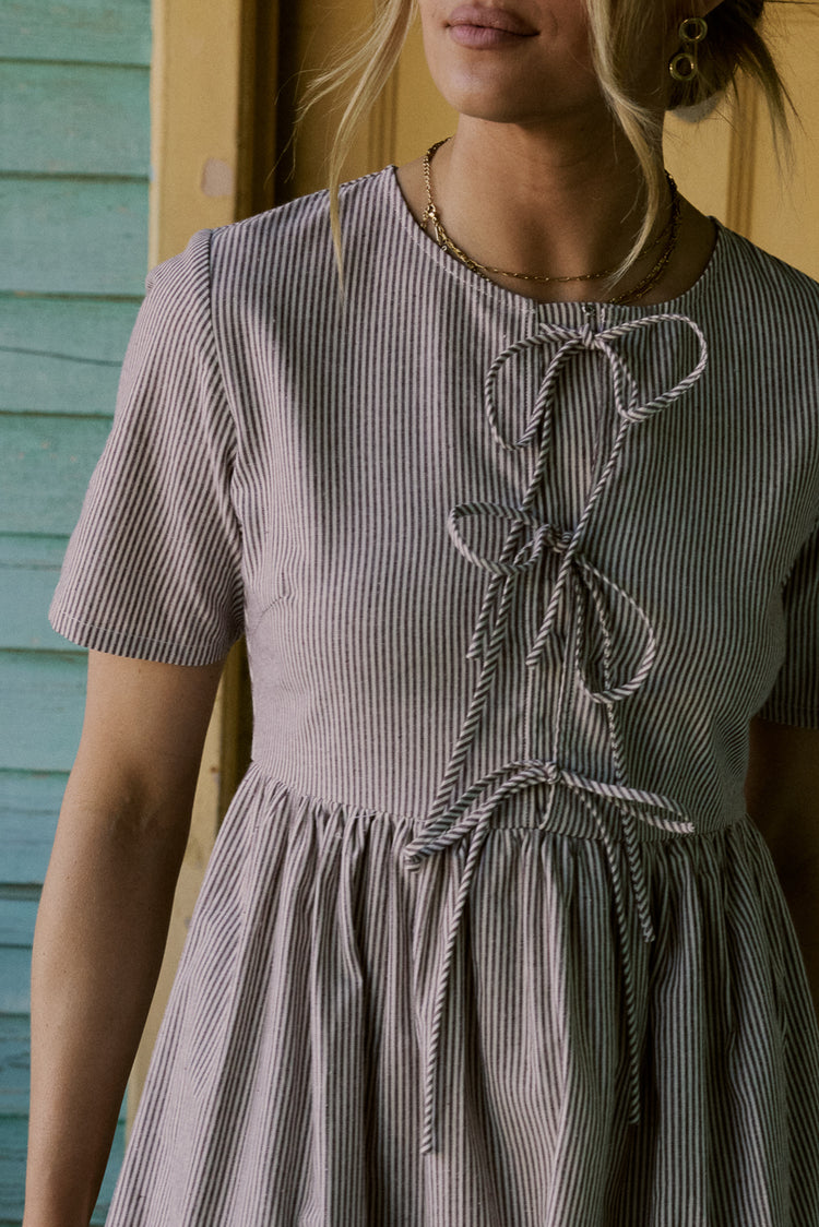 front tie dress with brown stripes