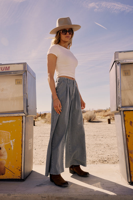 short sleeve basic tee with striped wide leg pants