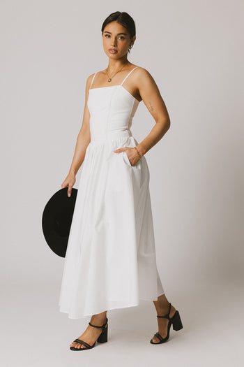 white midi dress with pockets