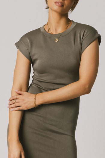 short sleeved olive dress