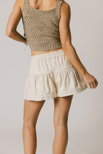 tiered denim shorts in oatmeal