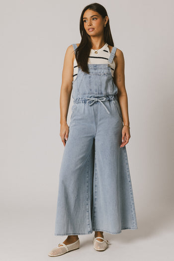 wide leg denim overalls with tie detail