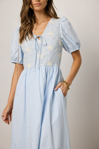 blue dress with embroidered detail