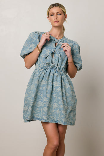 FLORAL BOW DENIM MINI DRESS 