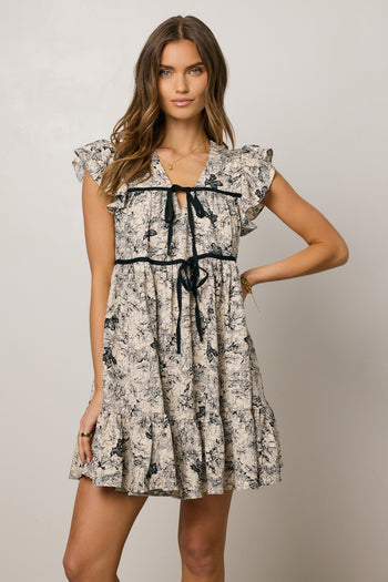 BLACK AND CREAM FLORAL MINI DRESS 