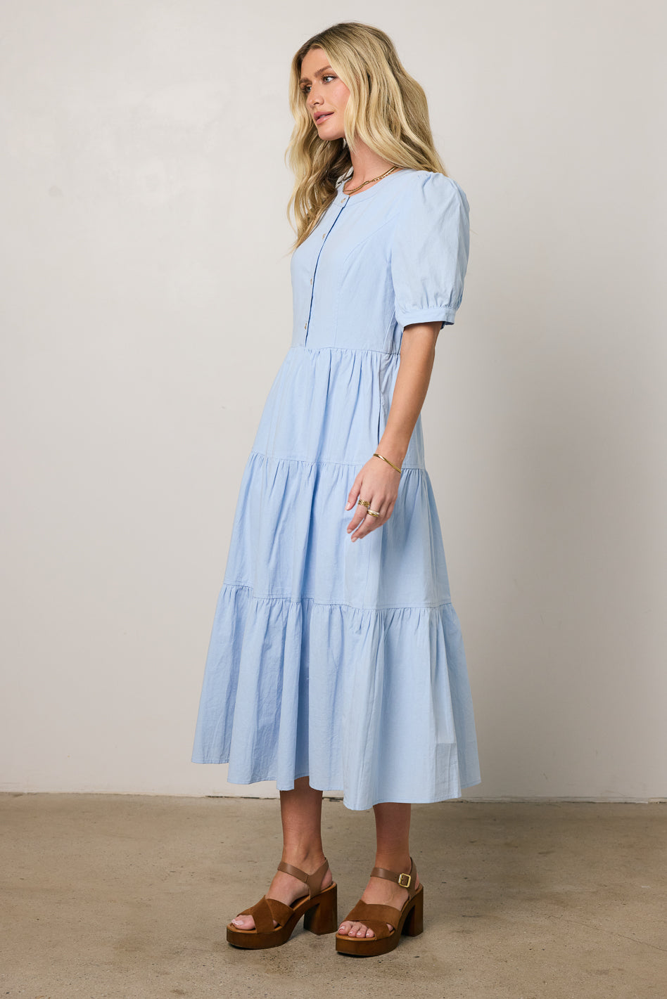 button front blue dress