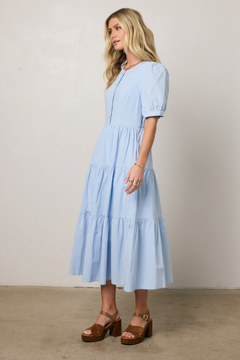 button front blue dress