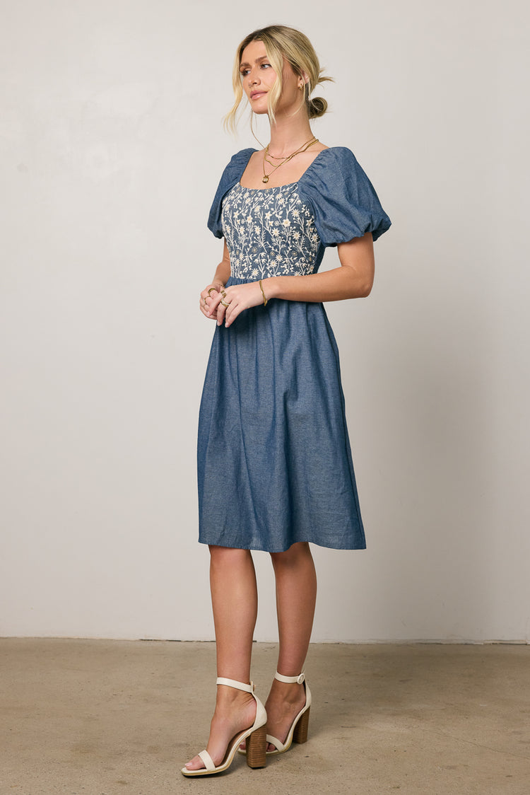 blue dress with puff sleeves