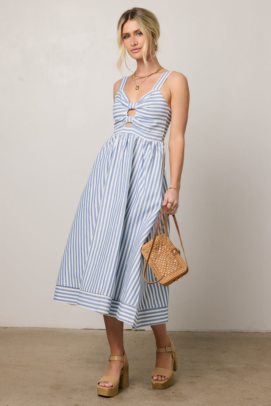 blue and white striped dress