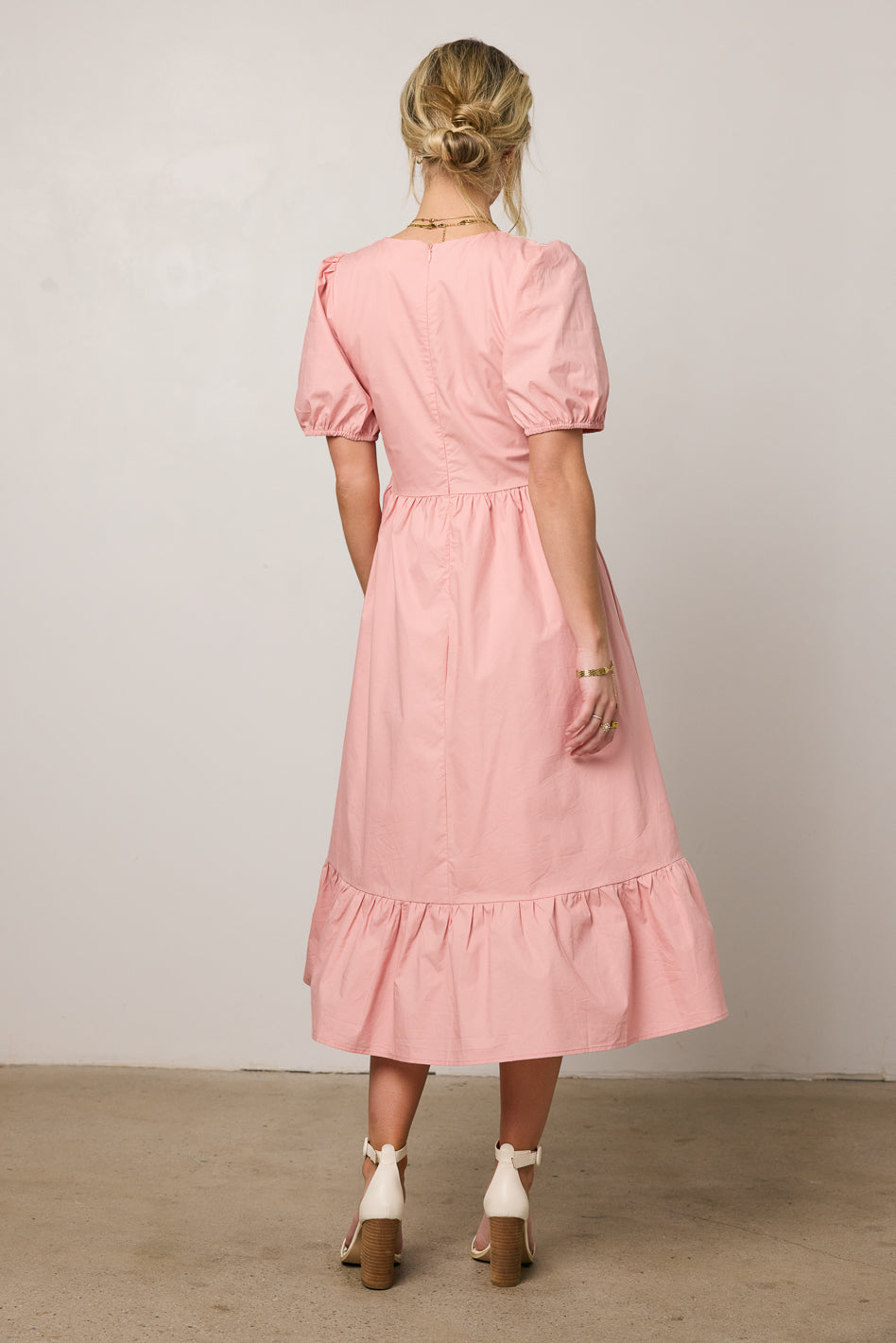 pink dress with puff sleeves