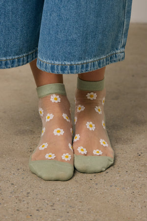 Sheer Striped Floral Socks in Sage