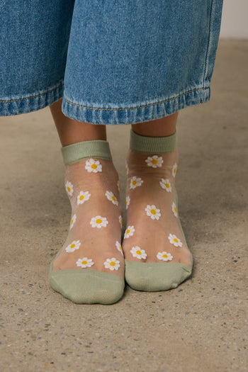 striped floral socks in sage 