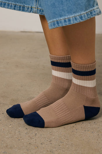 mocha socks with navy stripes 