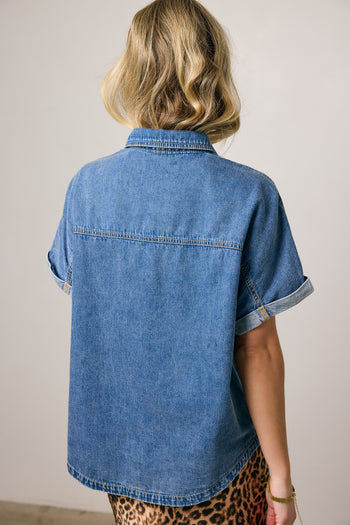 denim top with rolled sleeves