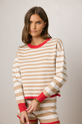 striped top with red neckline
