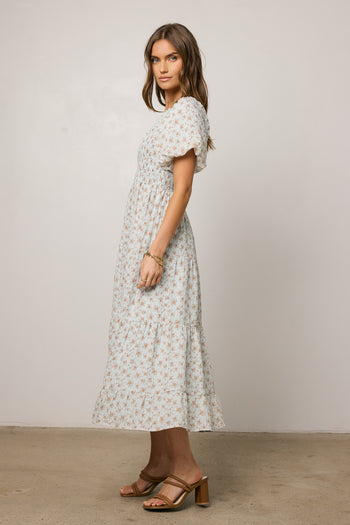 blue dress with puff sleeves