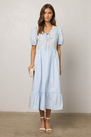 blue dress with puff sleeves