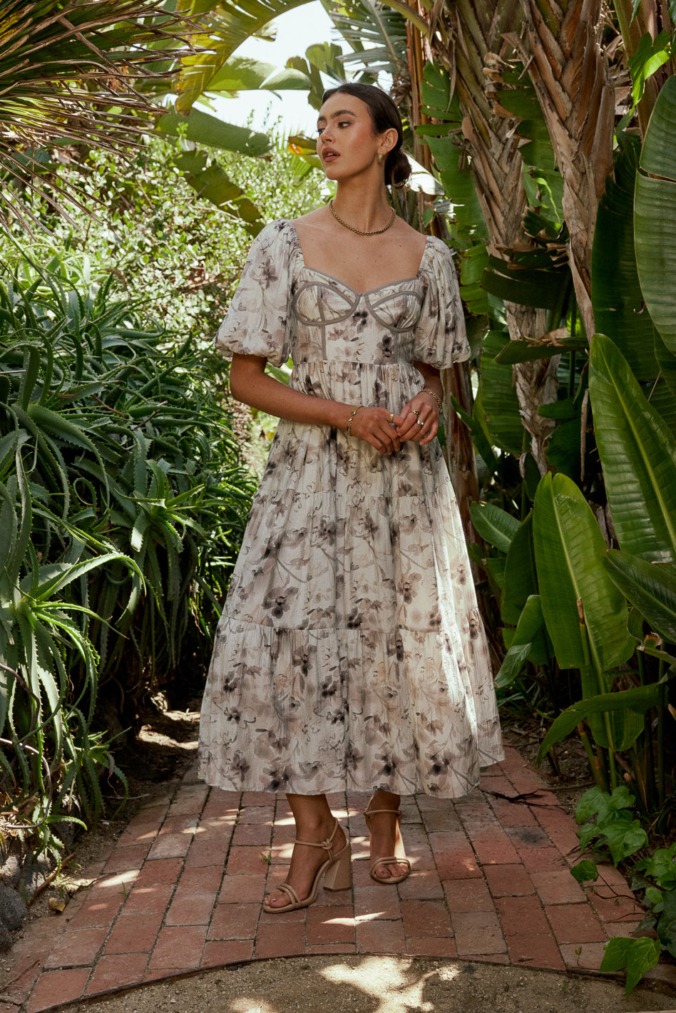 grey floral dress Sophia Organza Prepare for the day looking sweet as can be in the Lulus Adorable Tendencies Dark Grey Floral Puff Sleeve Midi Dress Floral Print One Shoulder Slit