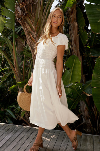 short sleeve white midi dress