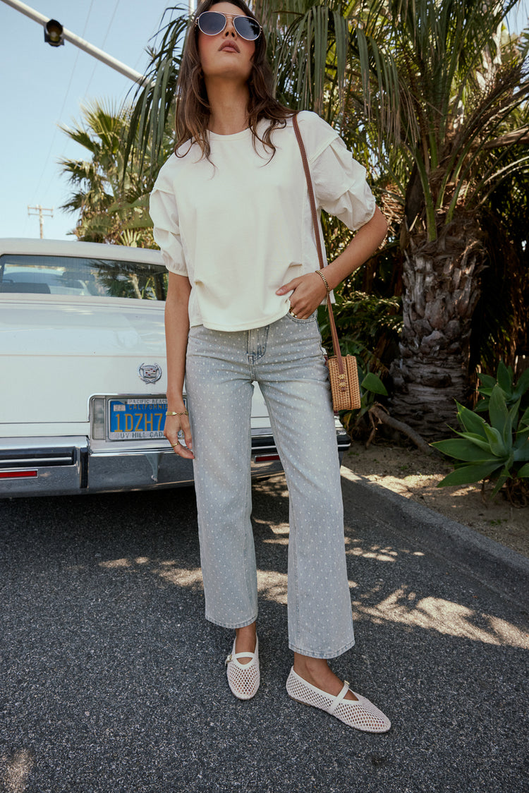 light wash jeans with polka dots