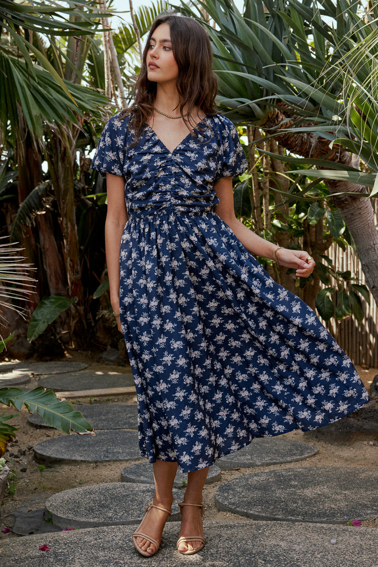 ruched top on blue maxi dress