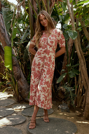 knee length dresses for ladies Lia Floral Midi Dress in Rust