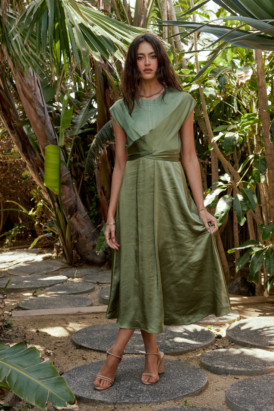slim fit dress slacks Rosalind Midi Dress in Moss