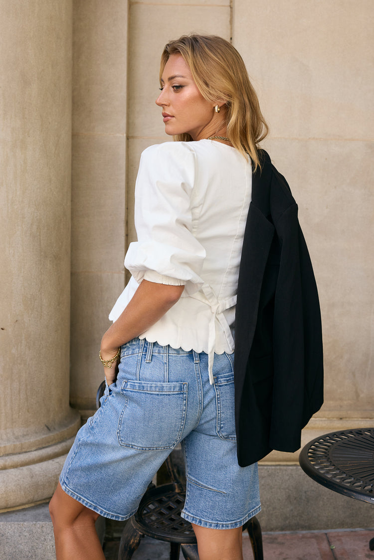 tie back on white blouse