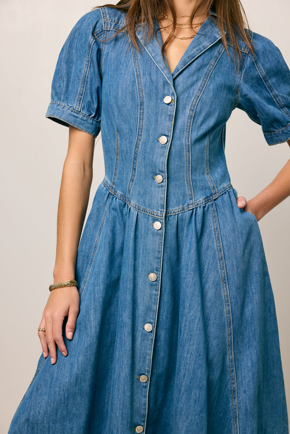 denim dress with pockets Denim Short Sleeve Mini Dress - All Dresses main image 0