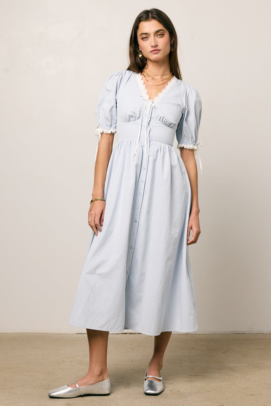 blue lace trim dress