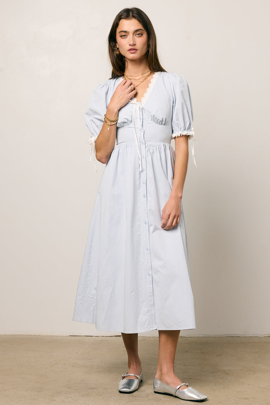 chinese dress ladies Lace Detail Puff Sleeve Cotton Midi Dress – Florere