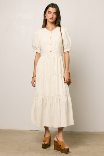 short sleeve beige dress with buttons