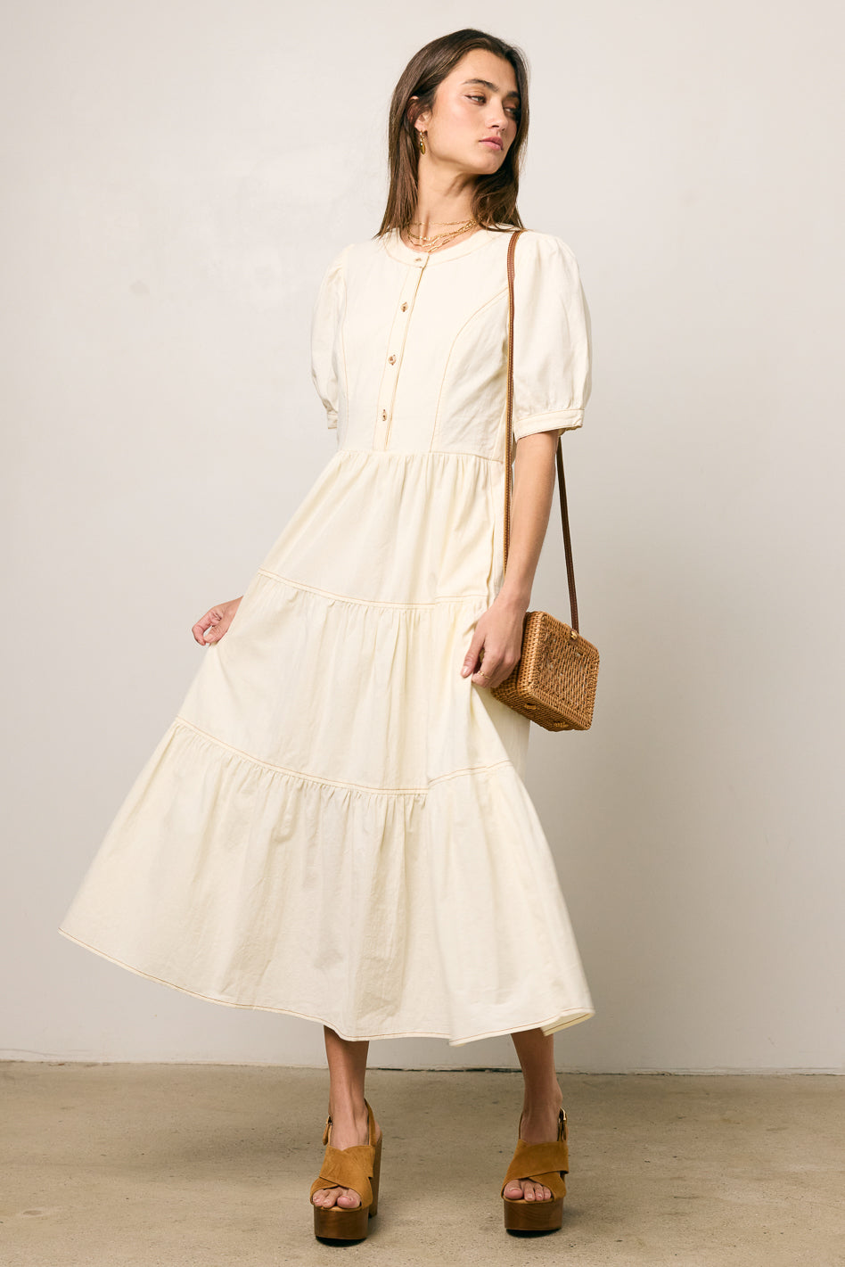 cream tiered midi dress