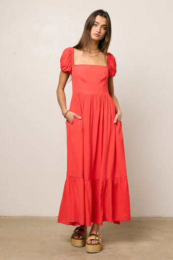 red maxi tiered dress