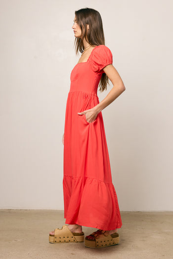 red puff sleeve maxi dress 
with pockets