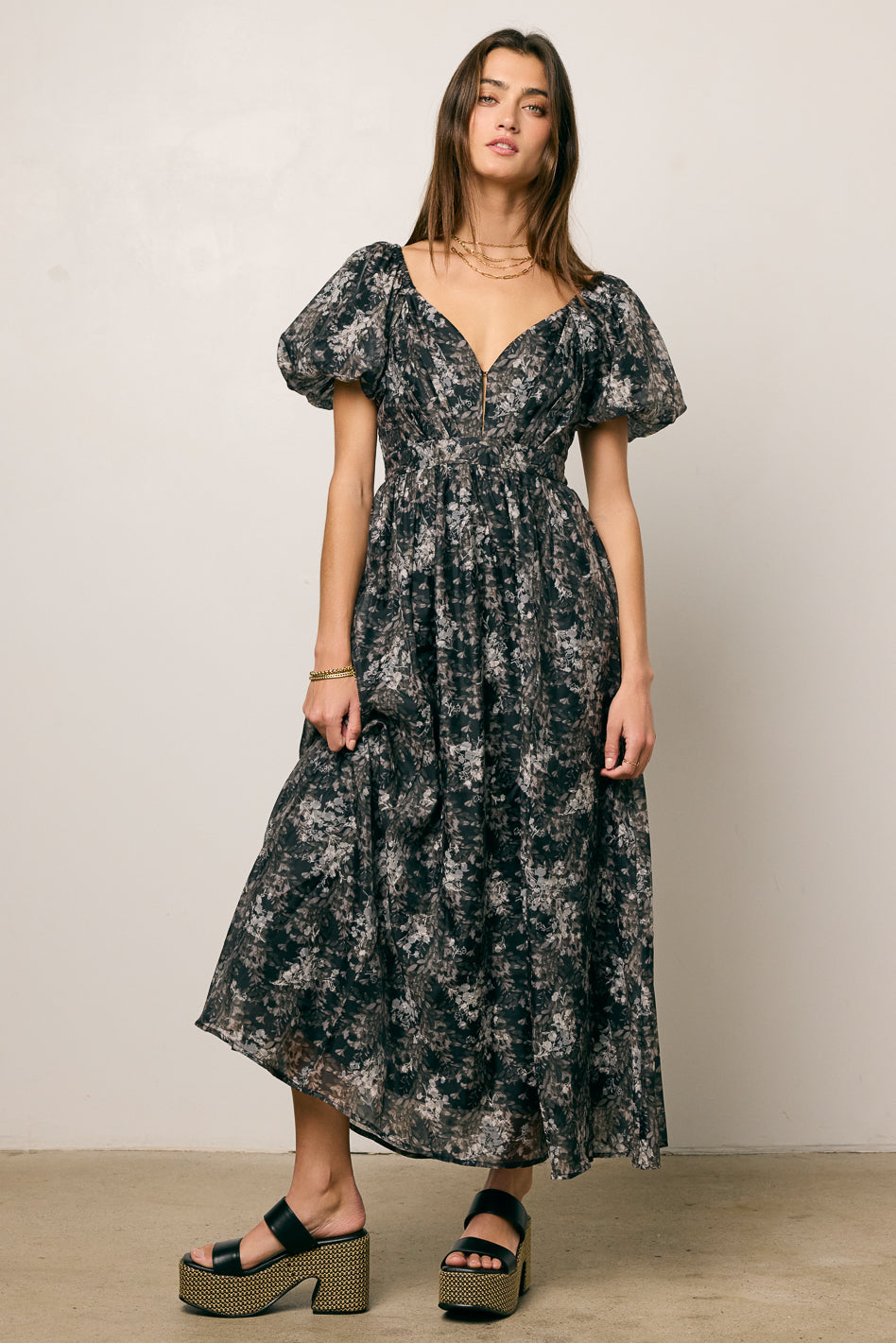 black flower midi dress Black Floral Jacquard Scallop Hem Midi Dress - All Dresses