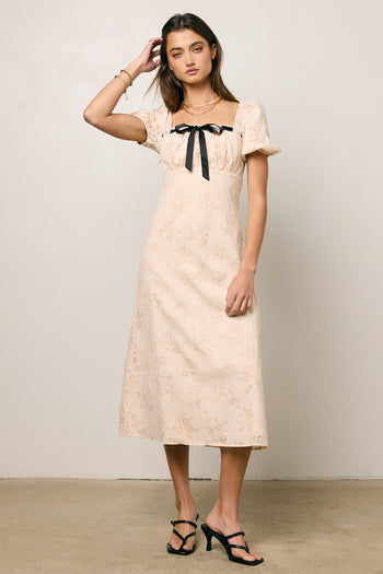 CREAM MIDI DRESS WITH BLACK BOW TIE