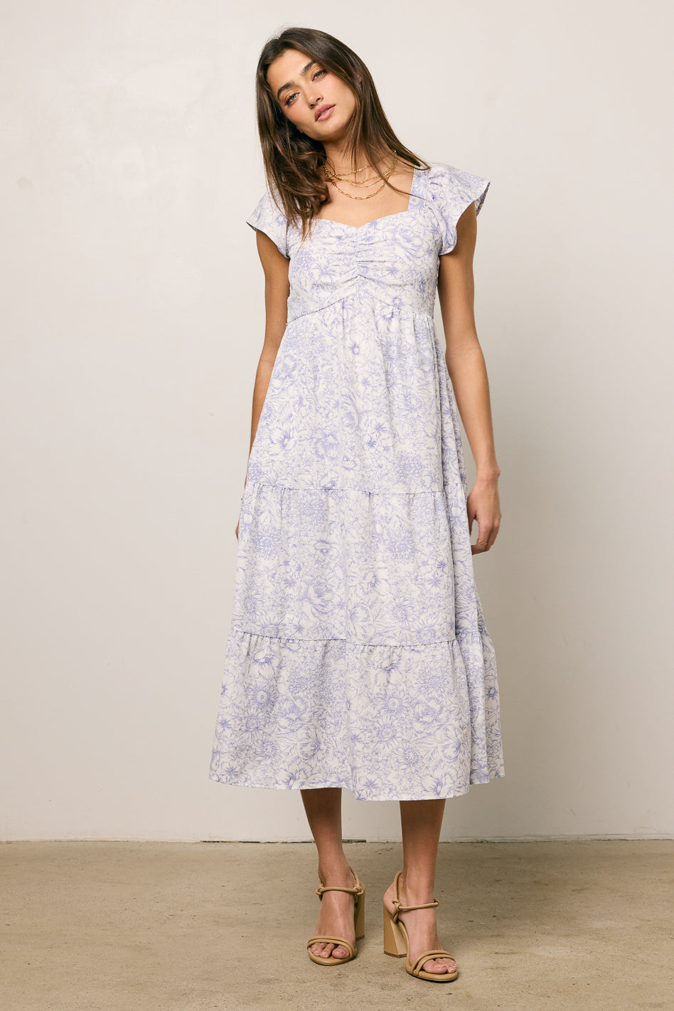 TIERED MIDI DRESS WITH PURPLE PRINT