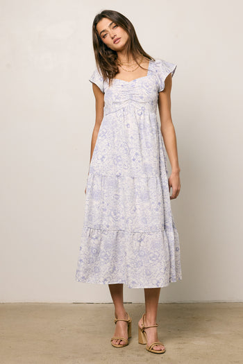 TIERED MIDI DRESS WITH PURPLE PRINT