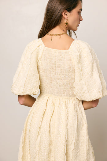 SMOCKED PUFF SLEEEVE TEXTURE DRESS